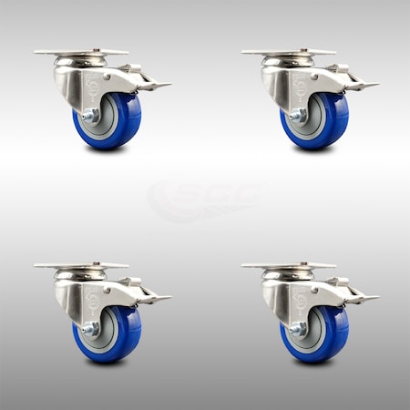 3.5 Inch 316SS Blue Polyurethane Swivel Top Plate Caster Set Total Lock Brake